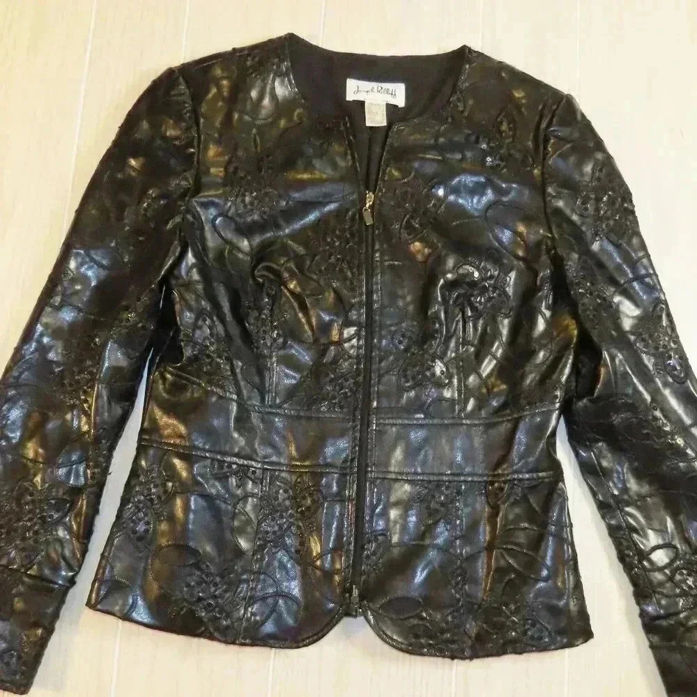 Joseph Ribkoff Faux Leather Zip Jacket Black Sequin Embroidery Pleather Size 6